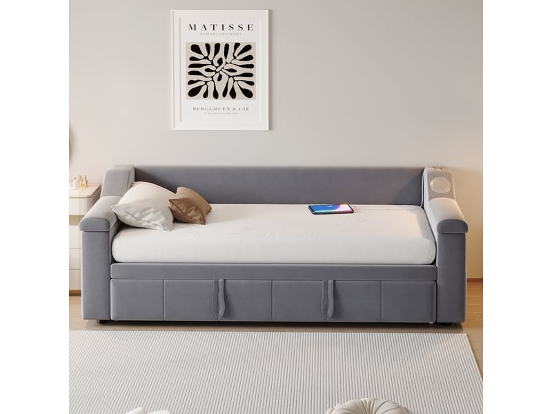  Canapé-lit 90x190 cm avec chaîne stéréo bluetooth intelligente et usb, lit gigogne avec sommier à lattes, velours, gris  - Conforama D