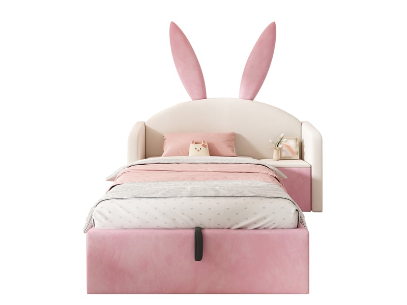 Lit simple 90x190 cm, lit enfant, rangement, table de chevet, motif lapin, velours beige, rose - Conforama E