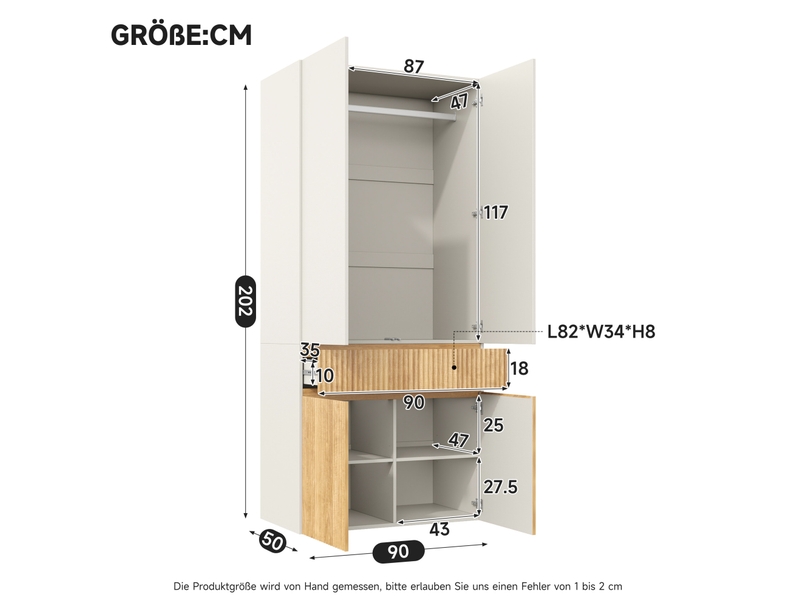  Armoire à portes battantes 90 x 50 x 202 cm – chêne clair et gris – 4 portes, penderie et tiroir  - Conforama C