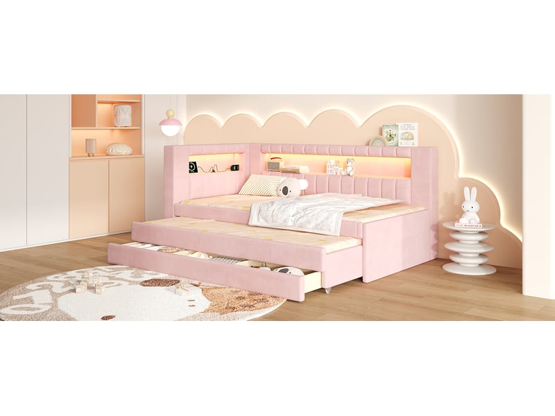  Lit banquette gigogne 90 × 200 cm, 3 tiroirs, led et usb, rose  - Conforama B