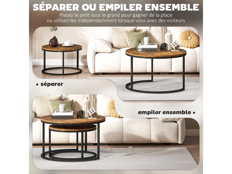  Lot de 2 tables basses gigognes empilable design industriel plateau imitation ciment pieds en métal rustique brun  - Conforama E