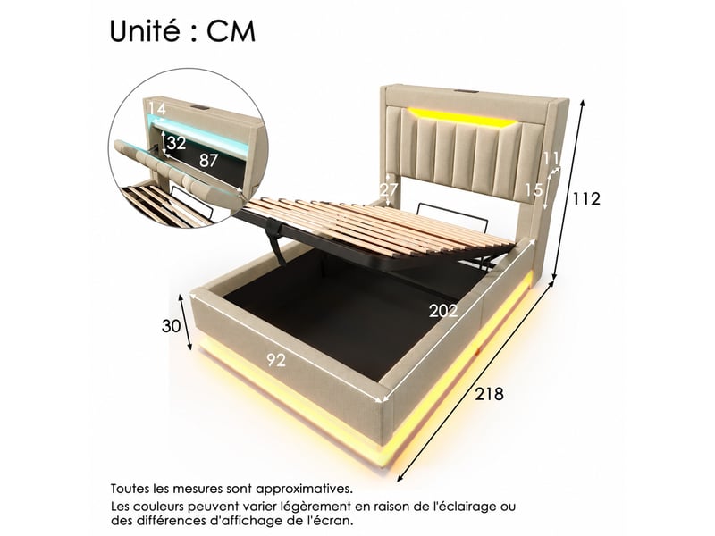  Lit coffre 1 place 200x90 cm en lin beige avec led, 3 ports usb, port type-c et rangements, sans matelas  - Conforama D
