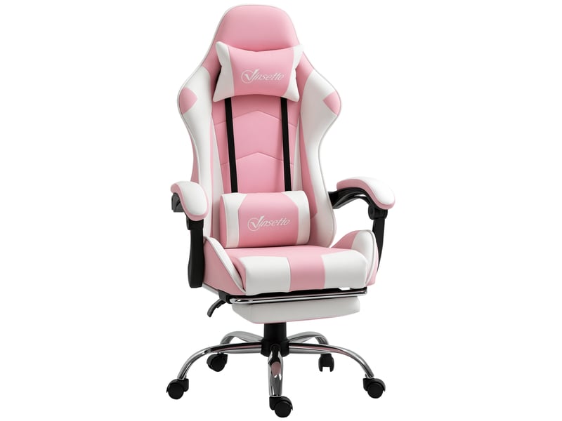  Fauteuil de jeu ergonomique avec appui-tête, coussin lombaire massant, repose-pieds, pivotant, accoudoirs intégrés, fonction bascule, rose  - Conforama A