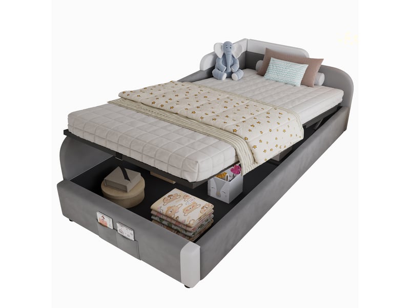  Lit coffre rembourré 90x200cm coloris gris velours lit enfant gris - Conforama A