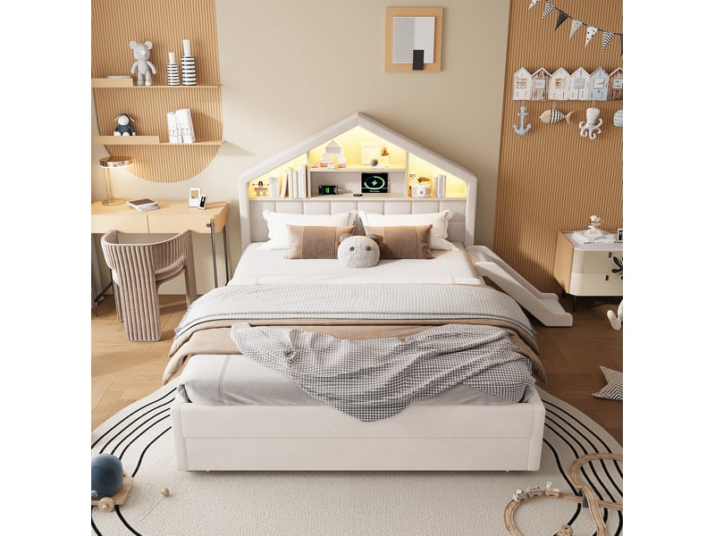  Lit enfant 140x200 cm beige avec toboggan réversible, led, rangement et prise  - Conforama E