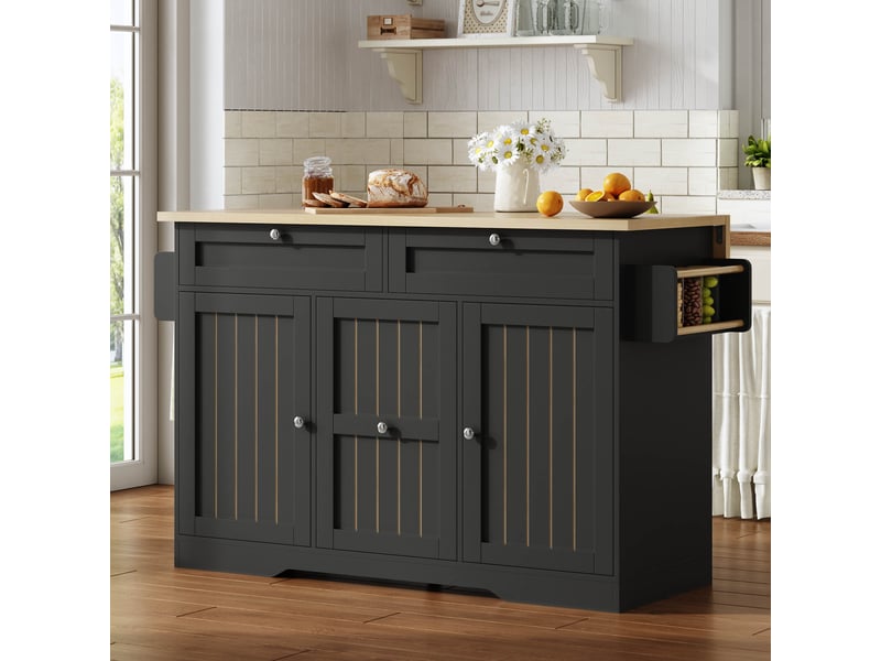  Îlot de cuisine mobile avec plateau pliant, desserte à roulettes verrouillables, tiroirs et rangement, noir, 120x70x92cm  - Conforama E