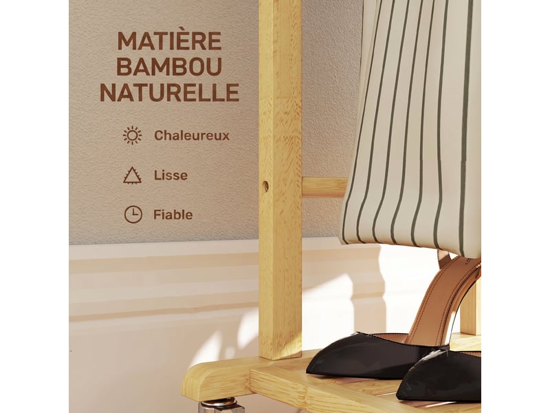 Valet de chambre à roulettes, portant à vêtements en bambou avec cintre intégré, naturel, tiges à pantalons et étagère - Conforama R