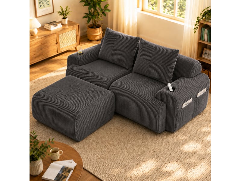  Canapé modulaire 2 places 200x174x80 cm avec pouf coloris gris foncé  - Conforama B