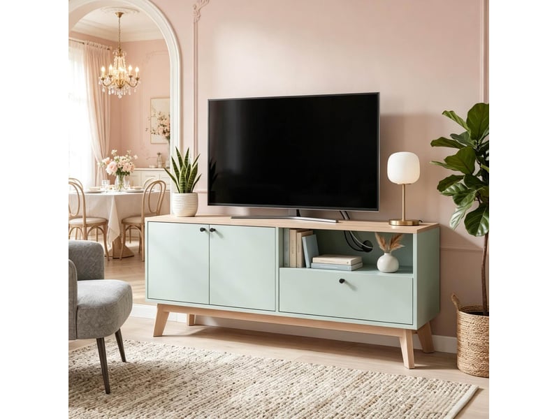  Meuble tv 120 cm avec 2 portes, tiroir et niche ouverte, pour téléviseur jusqu'à 36 pouces  - Conforama E