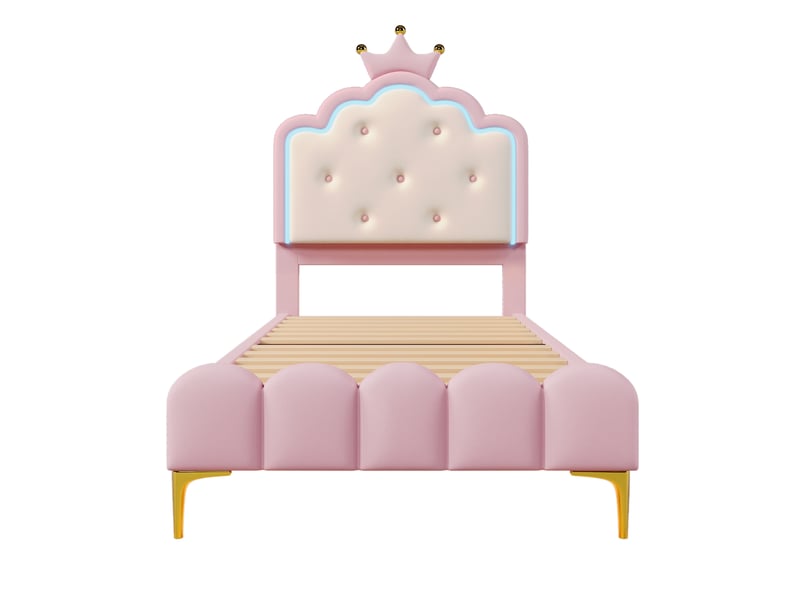  Lit enfant 90x200cm,lit simple pour filles en pu avec lumière led et pieds dorés,en forme de couronne,rose lit enfant rose - Conforama D