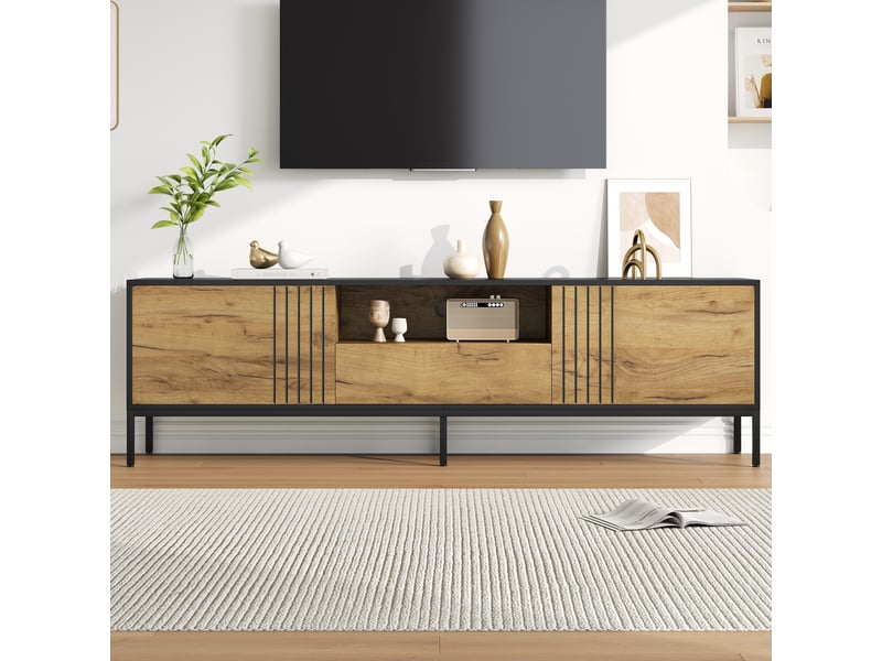 Meuble tv bas 170 cm bois et noir, banc tv avec 2 portes et 1 tiroir, console tv pour écran 70 pouces, meuble de salon - Conforama B