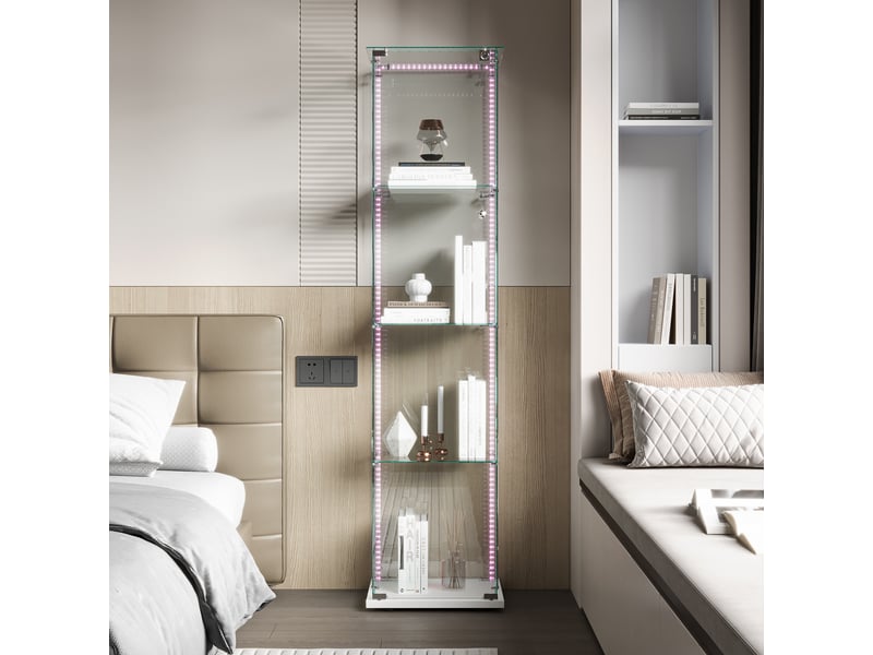  Vitrine en verre 4 niveaux simple porte - 39,8 x 35 x 163 cm - blanc - armoire d'exposition avec ruban led et base blanche  - Conforama E