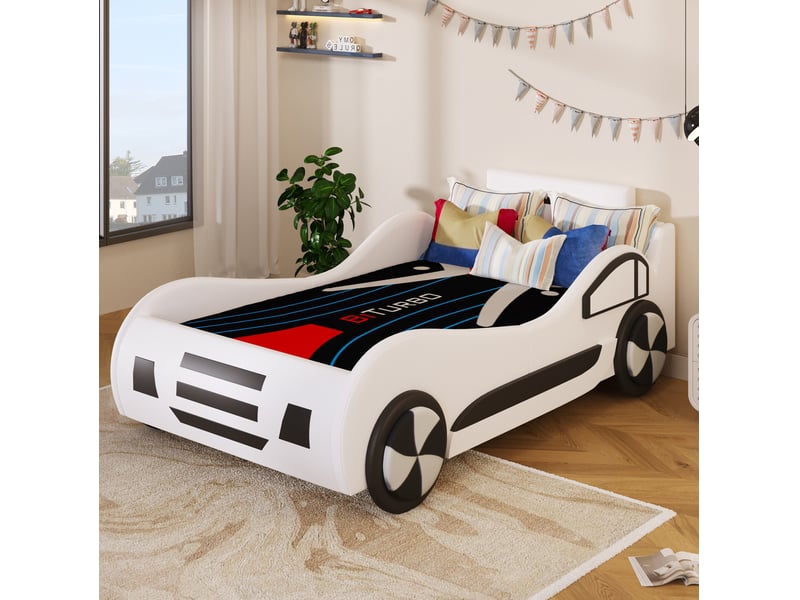  Lit enfant tcqpz voiture 90 x 200 cm avec sommier à lattes rangement hydraulique blanc mdf et pu  - Conforama D