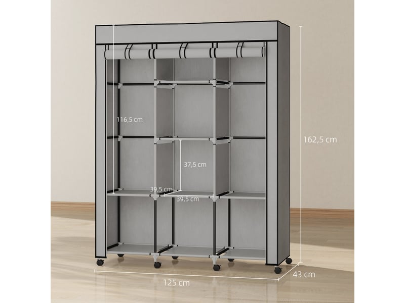  Armoire en tissu avec 8 étagères et 2 tringles, fermeture zippée, pour chambre, gris clair, 125 × 43 × 162,5 cm  - Conforama D