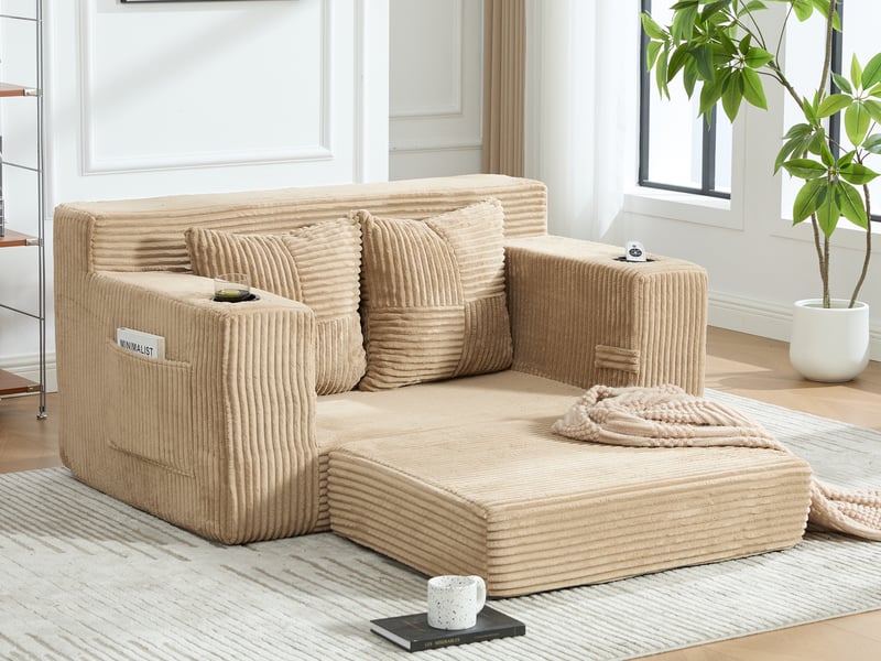  Canapé droit convertible 2 places, en velours côtelé, 2 coussins, porte-gobelet et poches latérales, 151 × 133 × 64 cm, kaki  - Conforama B