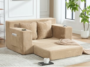 Canapé droit convertible 2 places, en velours côtelé, 2 coussins, porte-gobelet et poches latérales, 151 × 133 × 64 cm, kaki