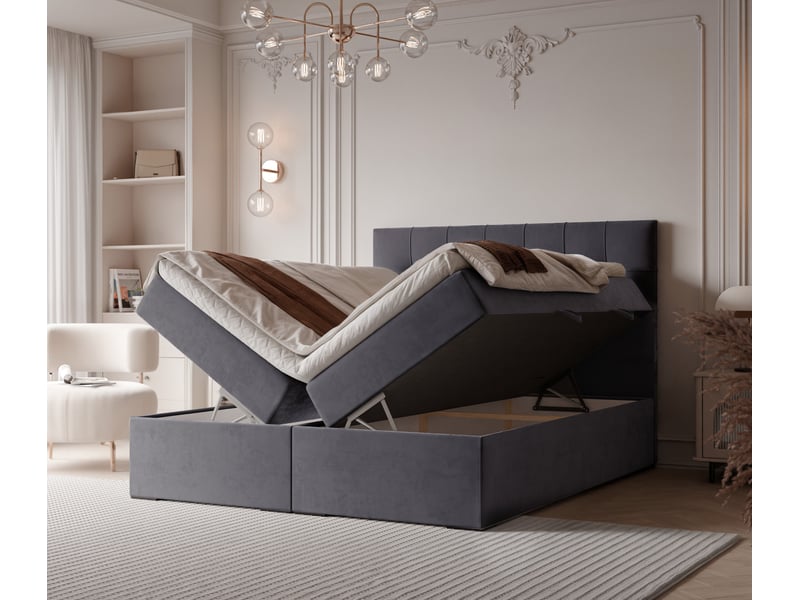  Lit adulte imperial - 160x200 cm - matelas ressorts + surmatelas - coffre de rangement - velours doux hydrofuge gris foncé IMPERIAL - Conforama C