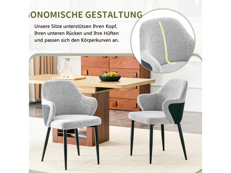  Lot de 2 chaises de salle à manger à dossier enveloppant  - pieds métal croisés, tissu et simili cuir noir gris  - Conforama E