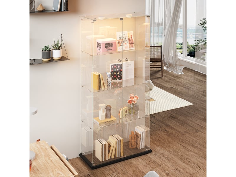 Vitrine en verre 4 niveaux double porte - noir - 78,5 x 36,5 x 163 cm - grande armoire d'exposition avec éclairage led et base noire - Conforama E
