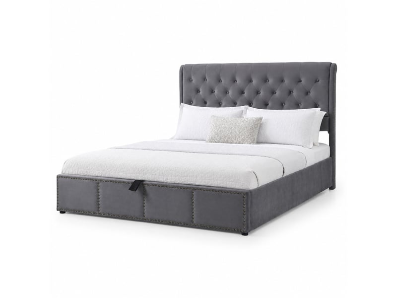  Lit coffre 140 x 190 cm en velours gris avec sommier inclus  - Conforama A