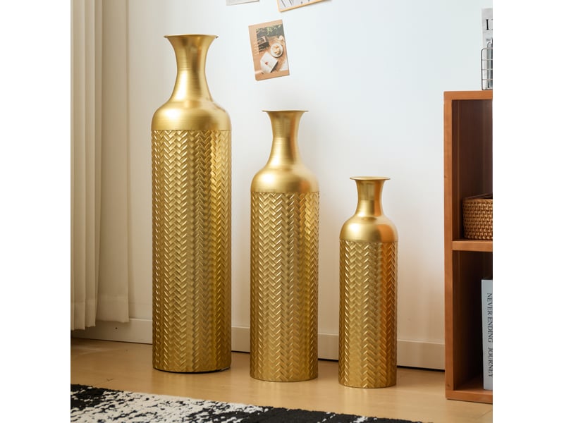 Lot de 3 vases de sol à motifs en relief en métal doré  - Conforama D