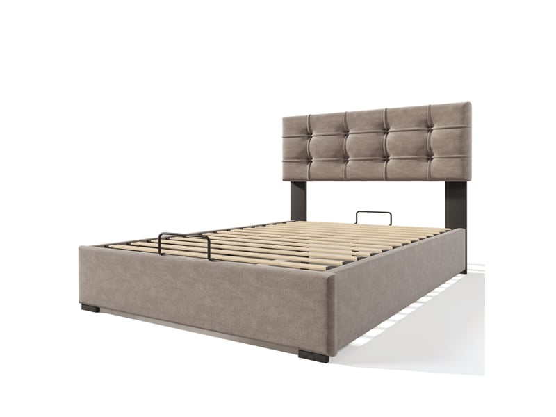  Lit enfant 90x200 cm – gris clair – coffre hydraulique en velours, tête réglable, avec matelas inclus  - Conforama D