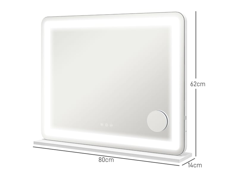  Miroir lumineux led intensité 3 modes d'éclairage, grossissement 10x, touche tactile - 80 x 62 cm,  port de charge usb  - Conforama C
