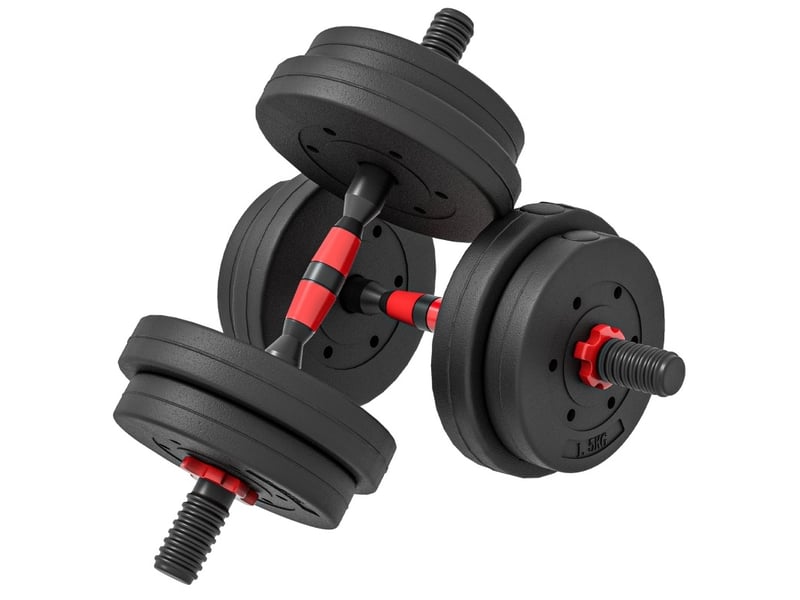 Set d'haltères réglables 2 en 1, 15 kg, noir, métal et plastique, conversion en barre longue - Conforama A