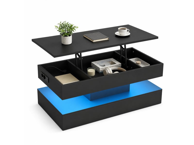  Table basse relevable avec rangement caché, led et prises pour salon 100×50×42 cm en panneaux de particules noirs  - Conforama A