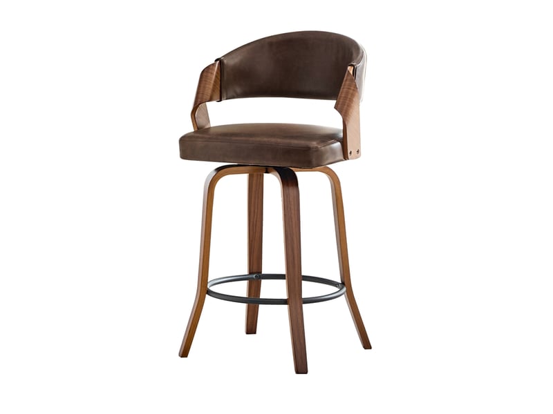  Lot de 2 tabourets de bar avec dossier incurvé en bois, assise rembourrée et repose-pieds, marron  - Conforama A