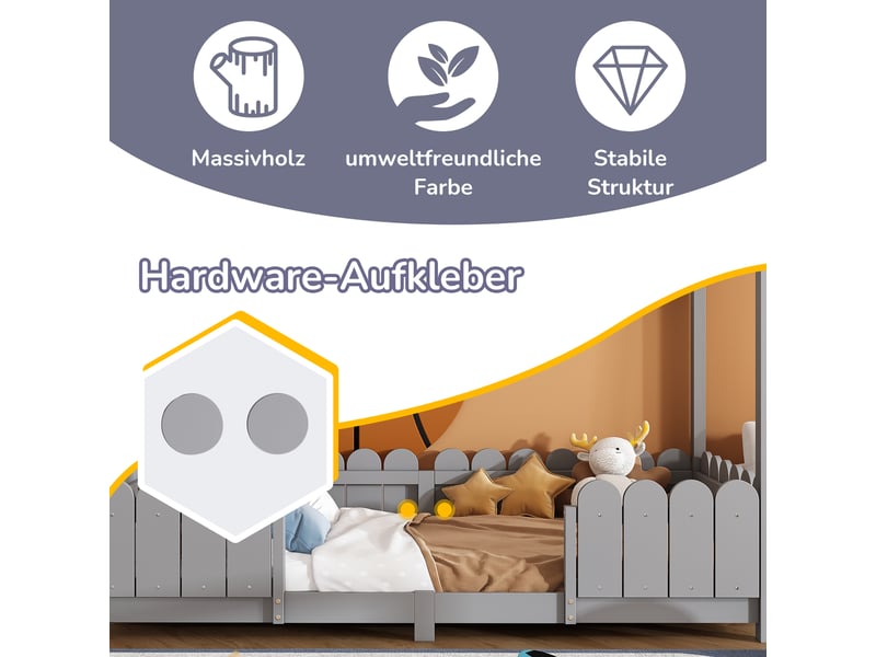  Lit cabane 90x200 en bois gris avec barrière de sécurité et sommier, lit enfant fille et garçon  - Conforama R