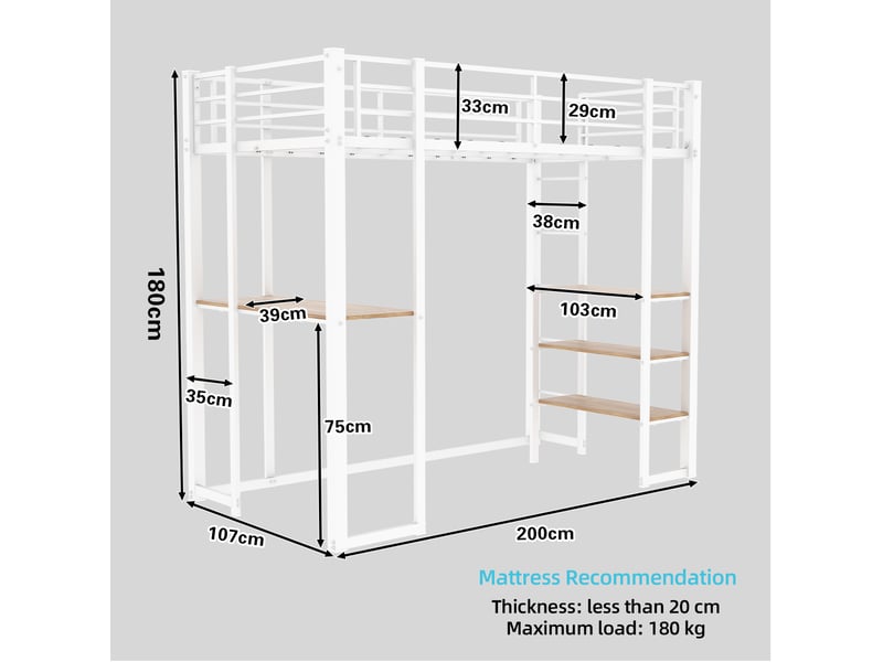  Lit mezzanine en fer 90×190 cm, bureau intégré, escalier et garde-corps, rangement sous couchage, à assembler  - Conforama C