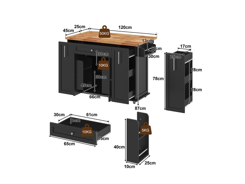  Ilot central de cuisine - 120x70x87cm - desserte avec plateau rabattable tiroir rangement épices et roulettes - noir  - Conforama E