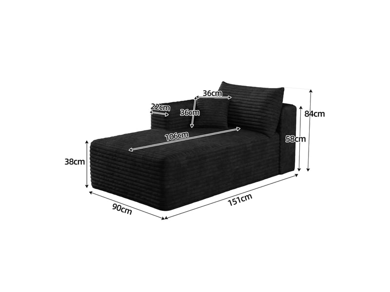  Canapé une place noir en velours côtelé, canapé compact pour salon, méridienne avec accoudoir, assise rembourrée en mousse  - Conforama B