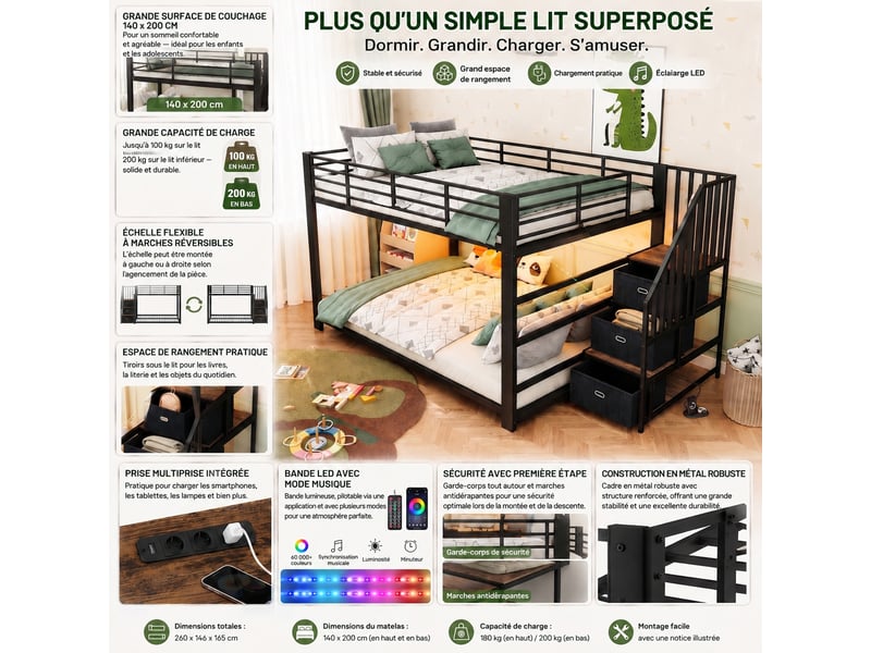  Lit superposé adulte 140x200 cm avec escalier réversible et rangement, métal noir et mdf, bande led et ports usb  - Conforama E