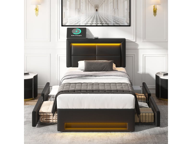  Lit coffre 90x200 cm avec 4 tiroirs, led et usb - lit rembourré - en pu noir, charge sans fil, sommier inclus, montage facile  - Conforama D