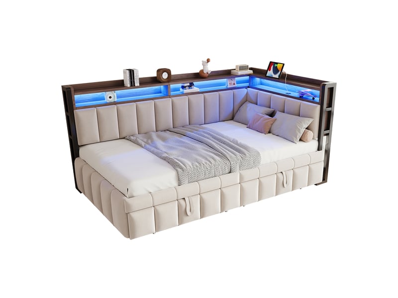 Lit banquette 90x200 cm avec lit gigogne, led, ports usb-c, rangements tête et dossier, canapé-lit convertible en velours - beige  - Conforama A