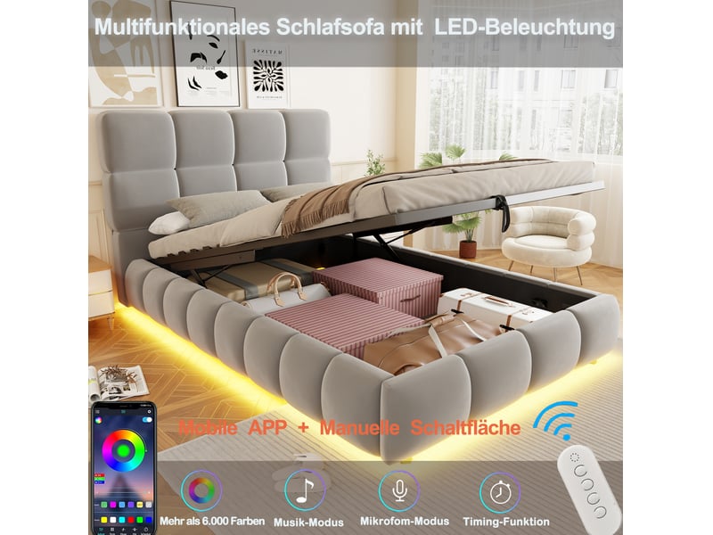  Lit coffre, 90x200 cm, avec bande led, structure de rangement hydraulique, matelas non inclus, velours, coloris gris  - Conforama E