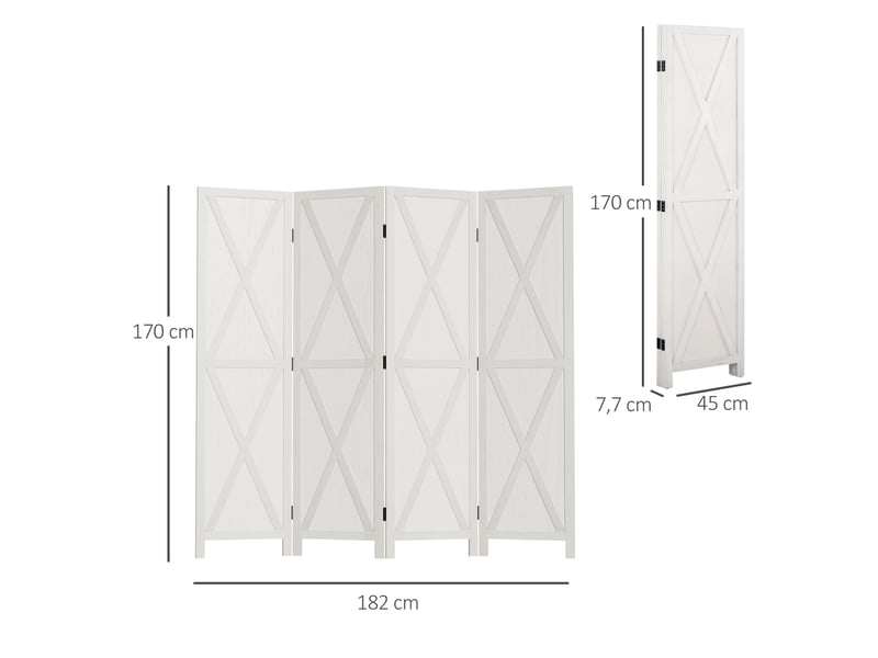  Paravent intérieur 4 panneaux style campagnard chic - bois de paulownia blanc - séparateur de pièce avec croisillons  - Conforama C