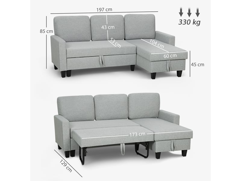  Canapé d'angle convertible réversible, canapé-lit 3 places, méridienne, coffre de rangement, 197lx129x 85cm, gris clair  - Conforama C