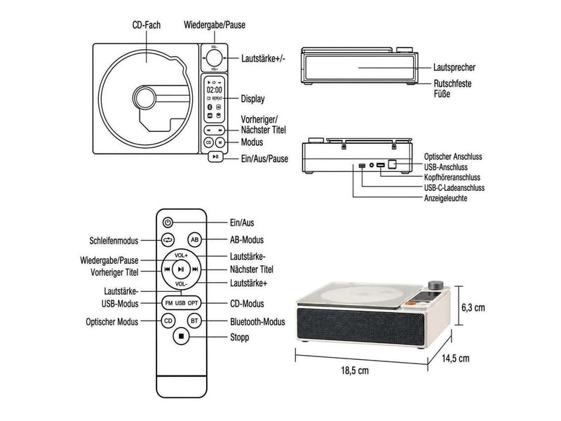 Lecteur cd portable bluetooth 5.1 avec batterie 4000 mah – platine cd hi-fi avec sortie optique, port usb, sortie casque jack 3,5 mm, écran led et télécommande – argent - Conforama C