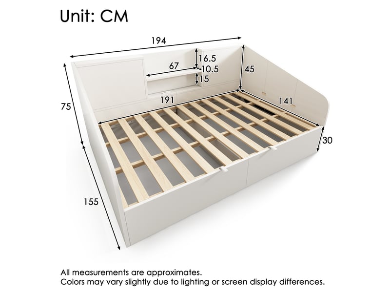 Lit double compact 140x190 cm sans matelas, avec grand coffre hydraulique, 2 tablettes, station usb type-c et sommier, bois, blanc OMNIGLINT TRADING LTD - Conforama C