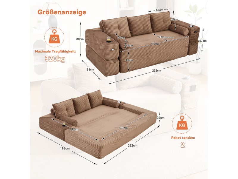 Canapé convertible 3 places en velours côtelé marron avec porte-gobelet - Conforama C