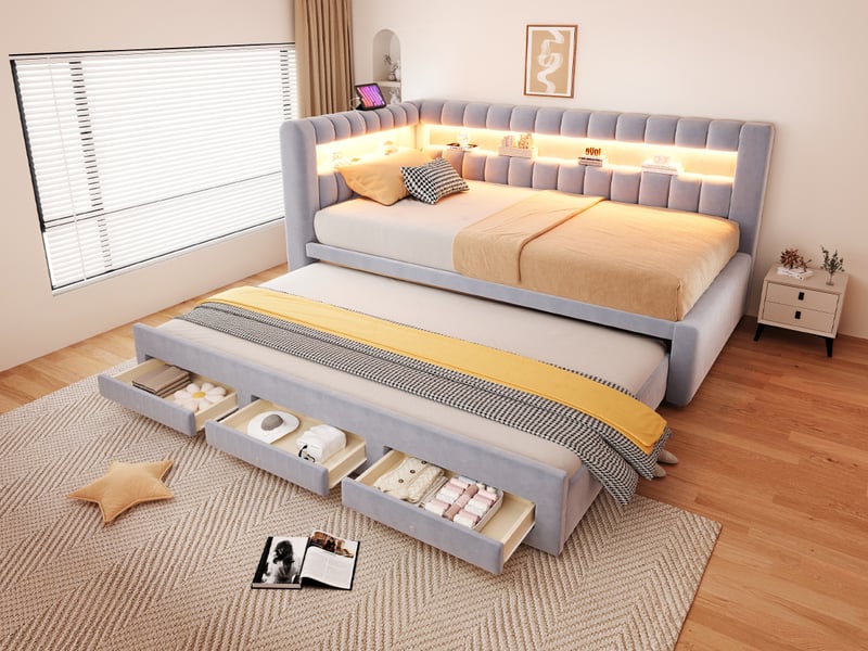  Lit gigogne 90 × 190 cm, 2 tiroirs, niches, led et ports usb-c, tête rembourrée, revêtement en velours, gris clair  - Conforama B