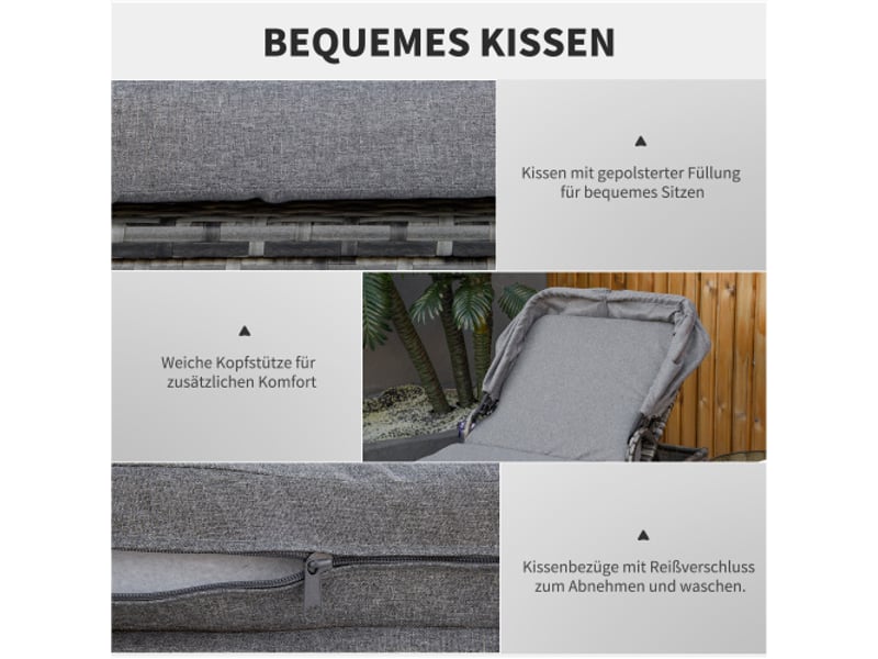 Chaise longue de jardin en résine tressée grise, pare-soleil réglable, coussin, 195 x 65 x 40 cm - Conforama R