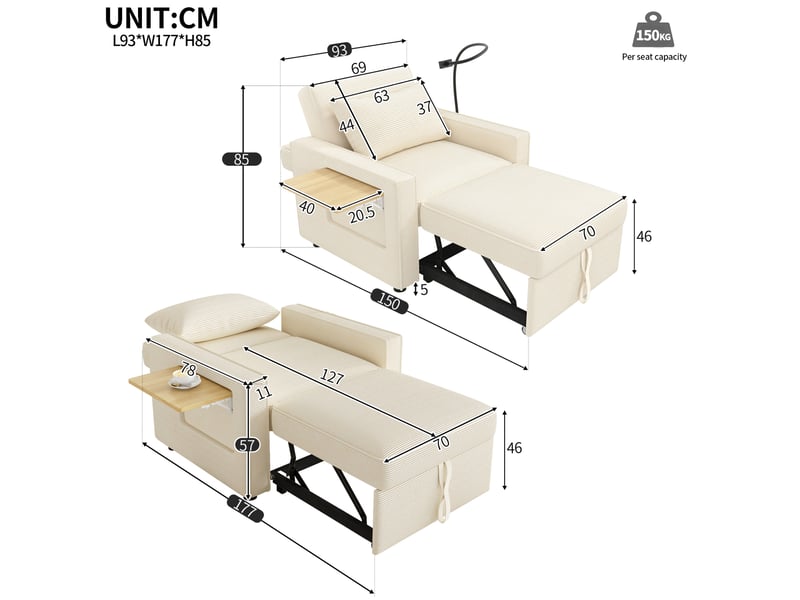  Fauteuil relax convertible 1 place beige en velours côtelé avec ports usb et type-c  - Conforama E