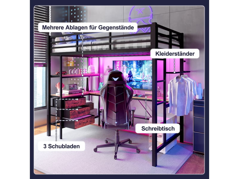  Lit mezzanine enfant 90x200 cm avec barrières et escalier, lit enfant superpose avec bureau et 3 tiroirs, lit simple led, noir  - Conforama C