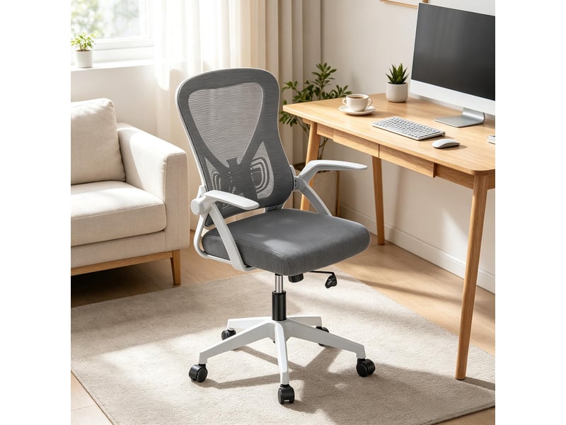  Chaise de bureau pivotante ergonomique - lpospi - réglable, accoudoirs rabattables, maille grise 47×42×102-111,5 cm  - Conforama C