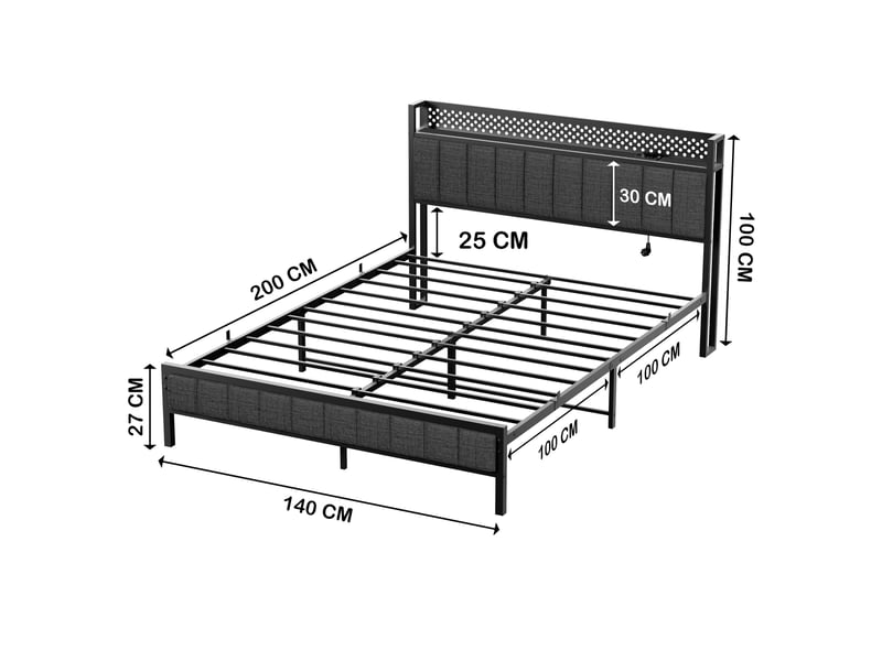 Lit double 140x200 cm - tête de lit rembourrée avec éclairage led et 2 ports usb - structure métal robuste - noir  - Conforama F