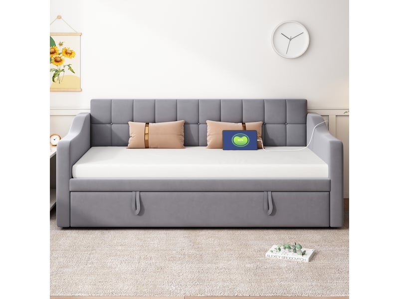 Canapé-lit convertible 90/180x190 cm, velours gris, ports usb, sans matelas - Conforama W